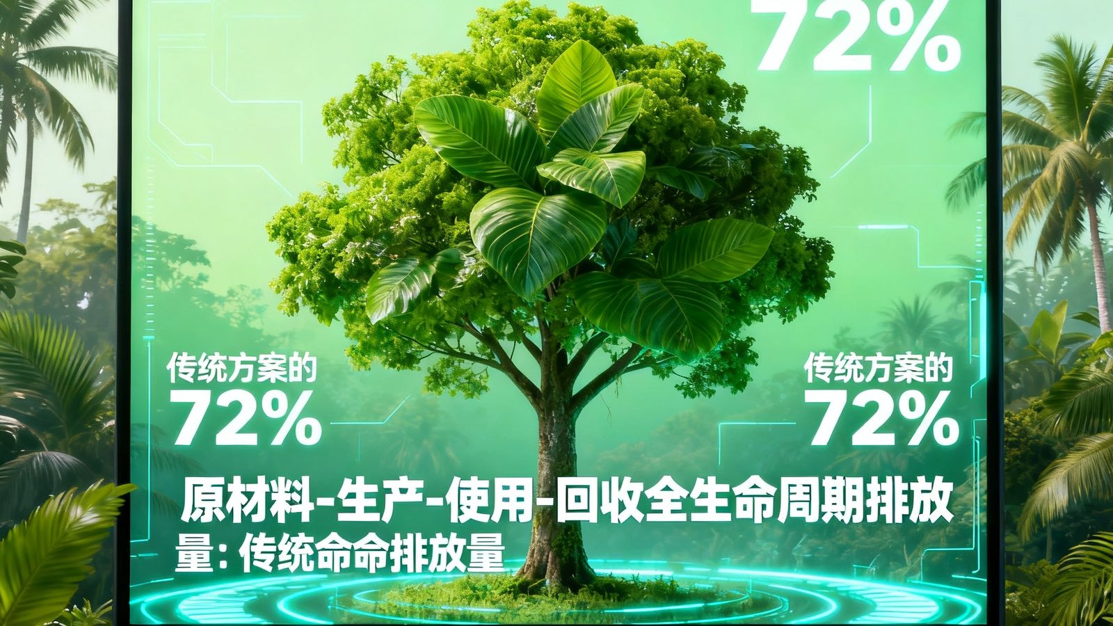 沙巴绿色科技理念的可视化展示，一棵翠绿的树木从一块Micro LED屏幕中央生长而出，周围环绕着产品碳足迹数据标识，显示从原材料到回收的全生命周期排放量仅为传统方案的72%左右。